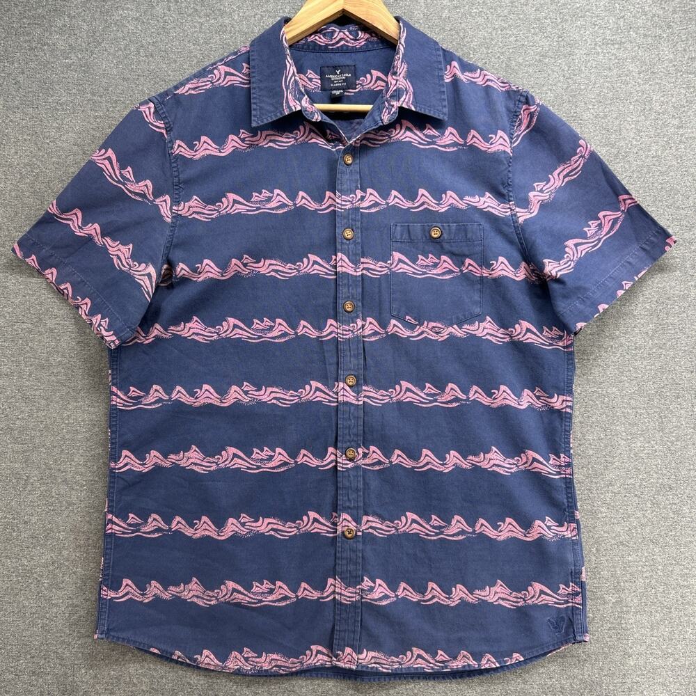 American Eagle Shirt Mens XL Blue Pink Waves Short Sleeve Button Up 100% Cotton